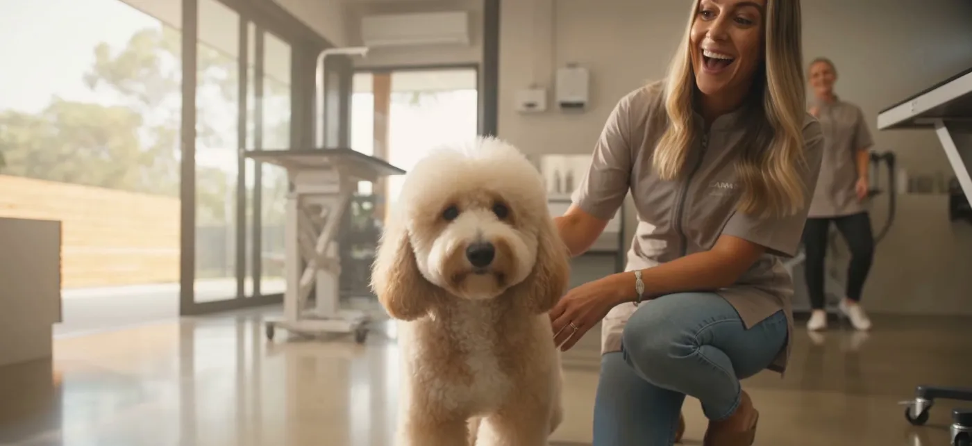 A freshly groomed dog with its owner outside Fringe & Fur