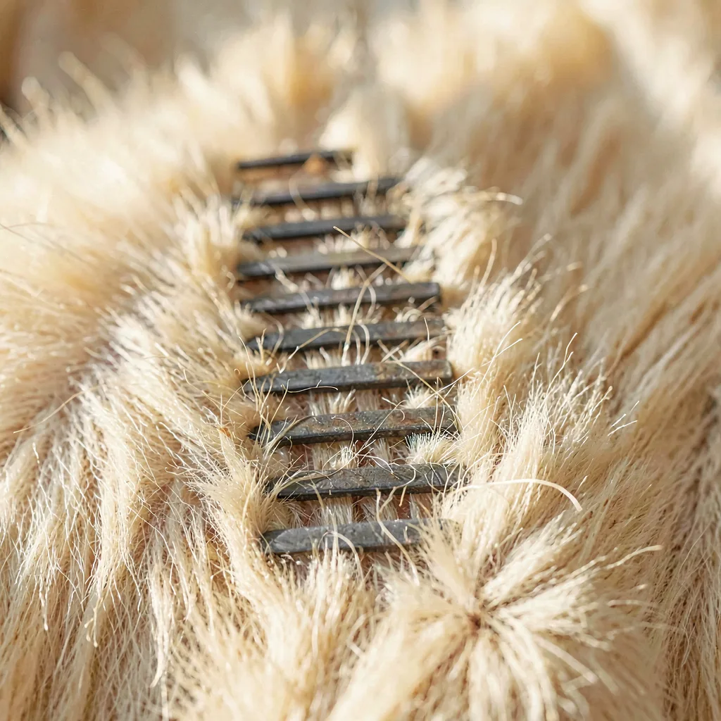 A steel comb running clean through a doodle's coat, close up