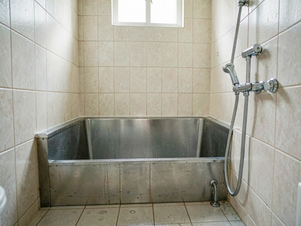 An empty walk-in dog wash bay with a hand-held shower head